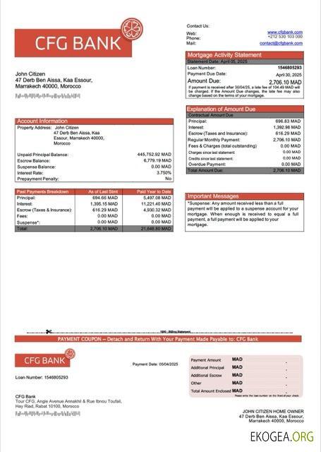 Modèle Word et PDF de relevé hypothécaire de CFG Bank Maroc